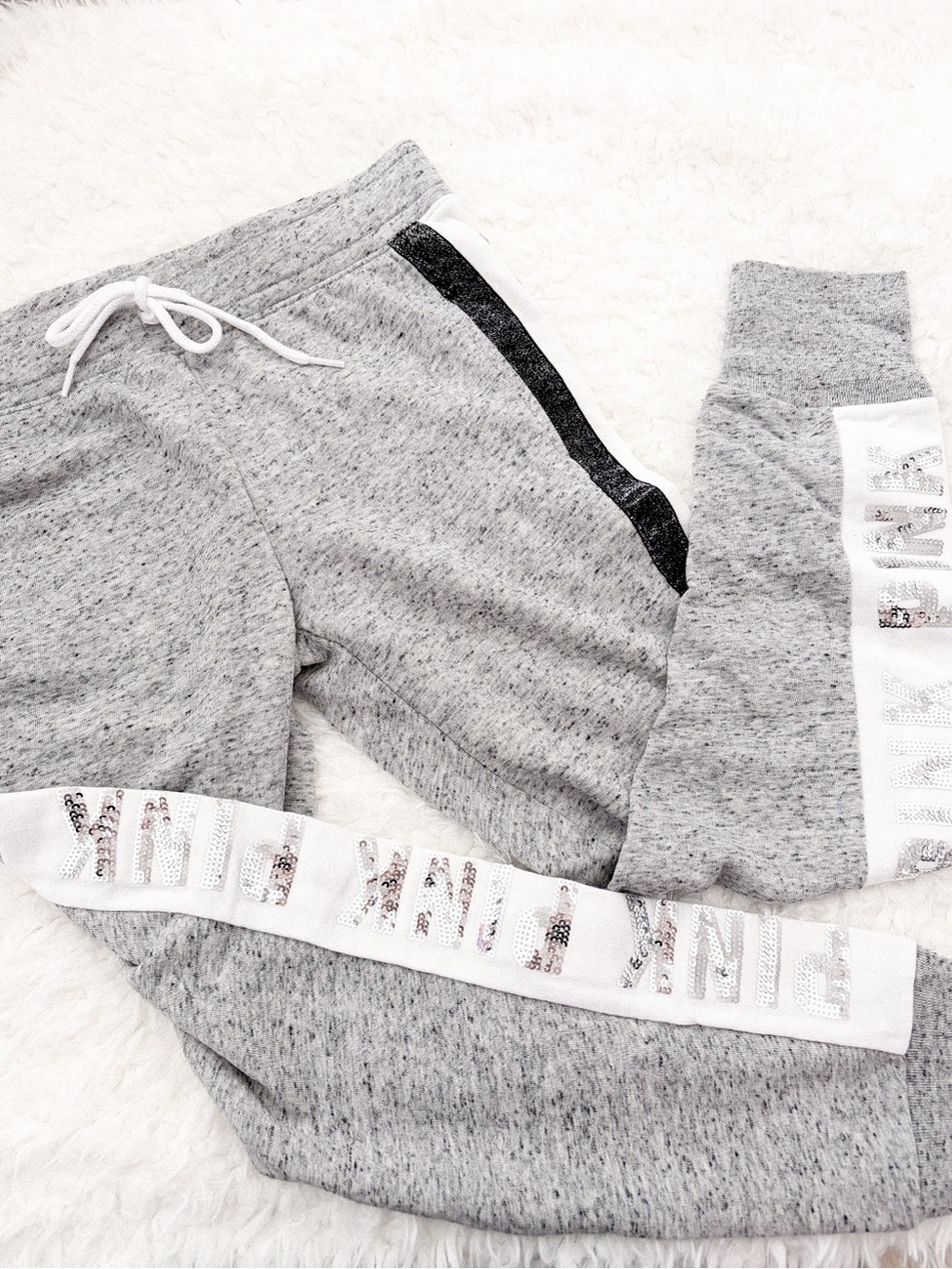 NEW VS Pink Grey Sequin Logo “PINK” Jogger Sweatpants